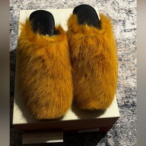 Marni Plush Faux Fur Slip-On Slippers in Mustard Yellow